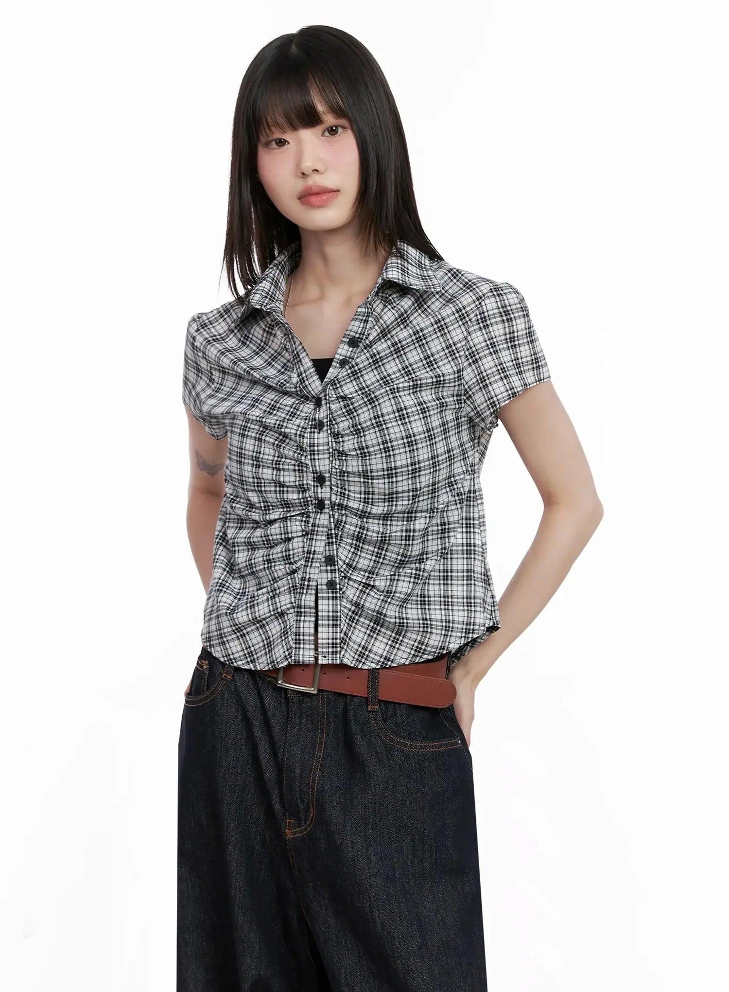 Shirred Plaid Button-up Blouse IL531
