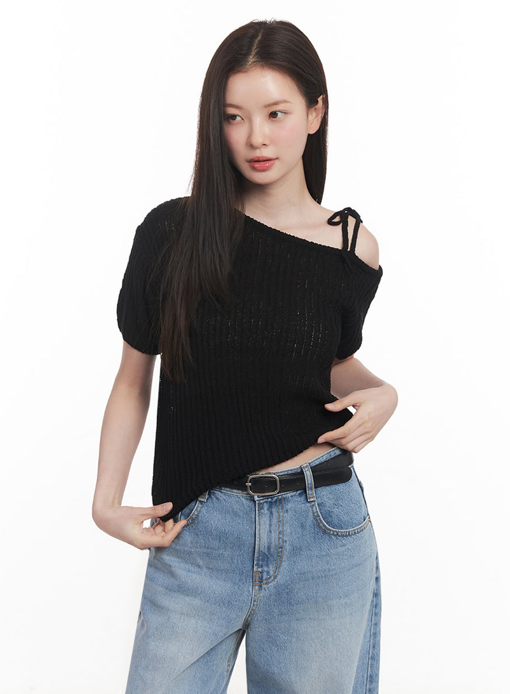 Ribbon One-Shoulder Knit Crop Top IY509