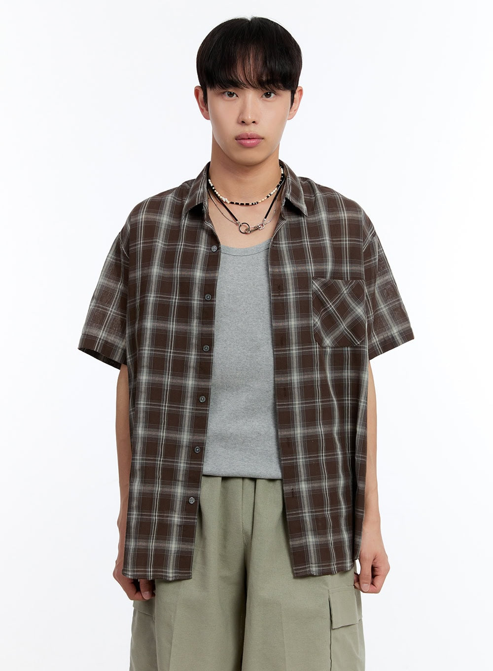 Men's Check Collared Short-Sleeve Shirt IY530