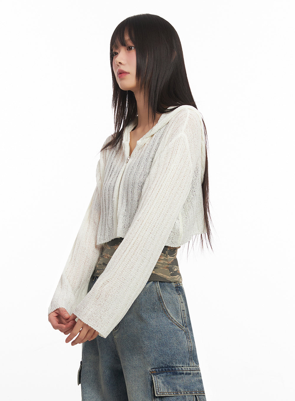 Zip-Up Sheer Hooded Cardigan IA528