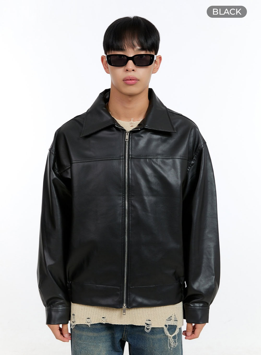 Men's Faux Leather Zip-Up Collar Jacket IG421