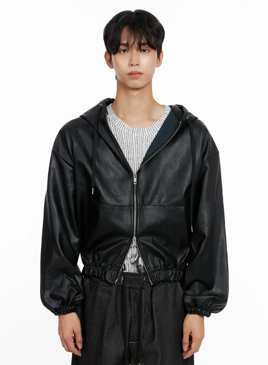 Men's Faux Leather Track Hooded Jacket IO517