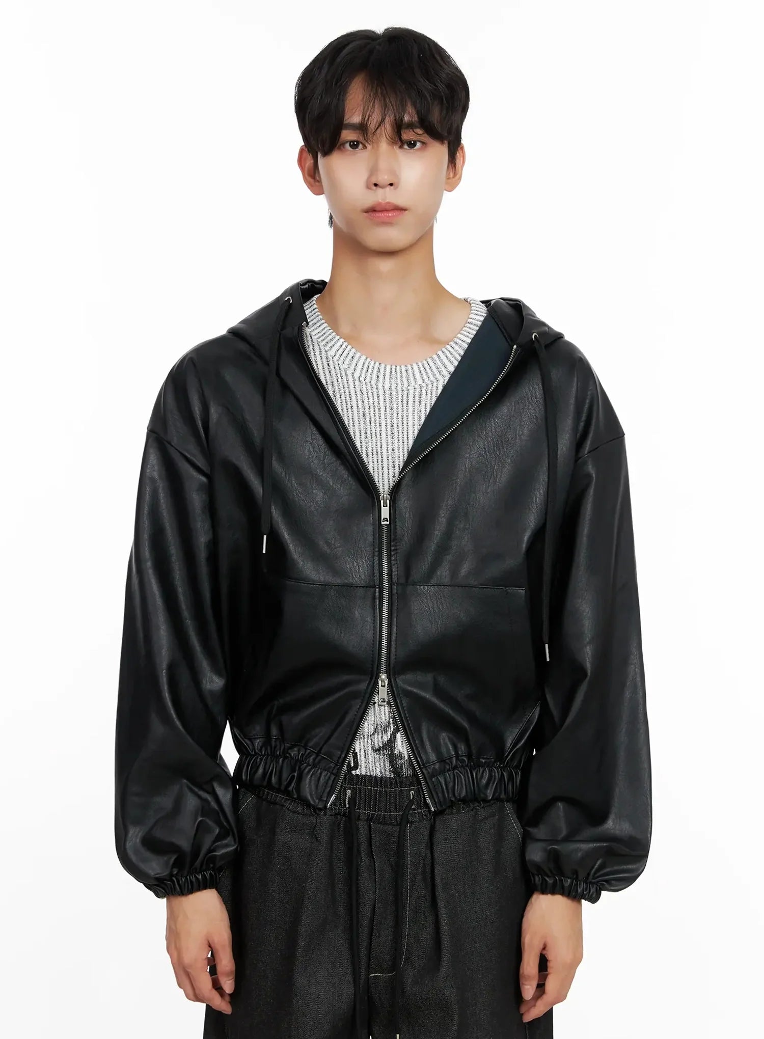 Men's Faux Leather Track Hooded Jacket IO517