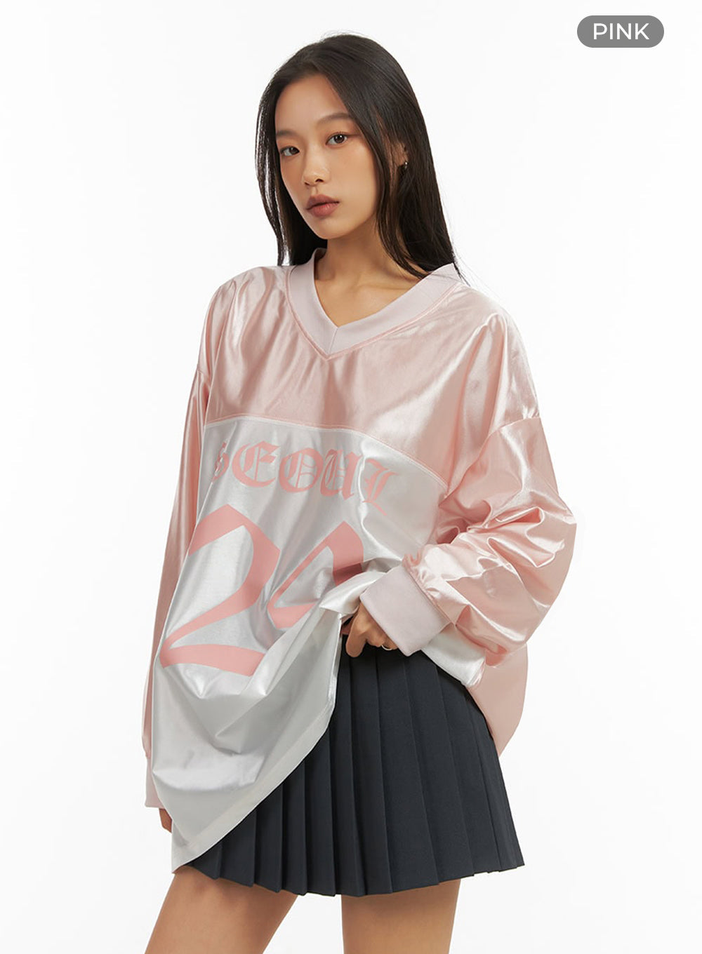 Pink Lettered Poly Sweat V-Neck Hoodie IO409