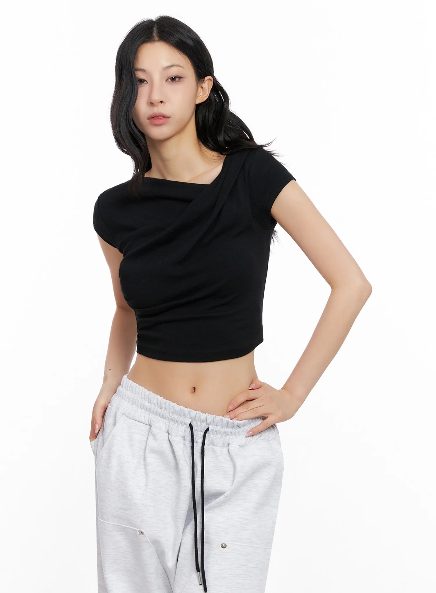 Asymmetric Shirred Off-Shoulder Crop Tee IG508