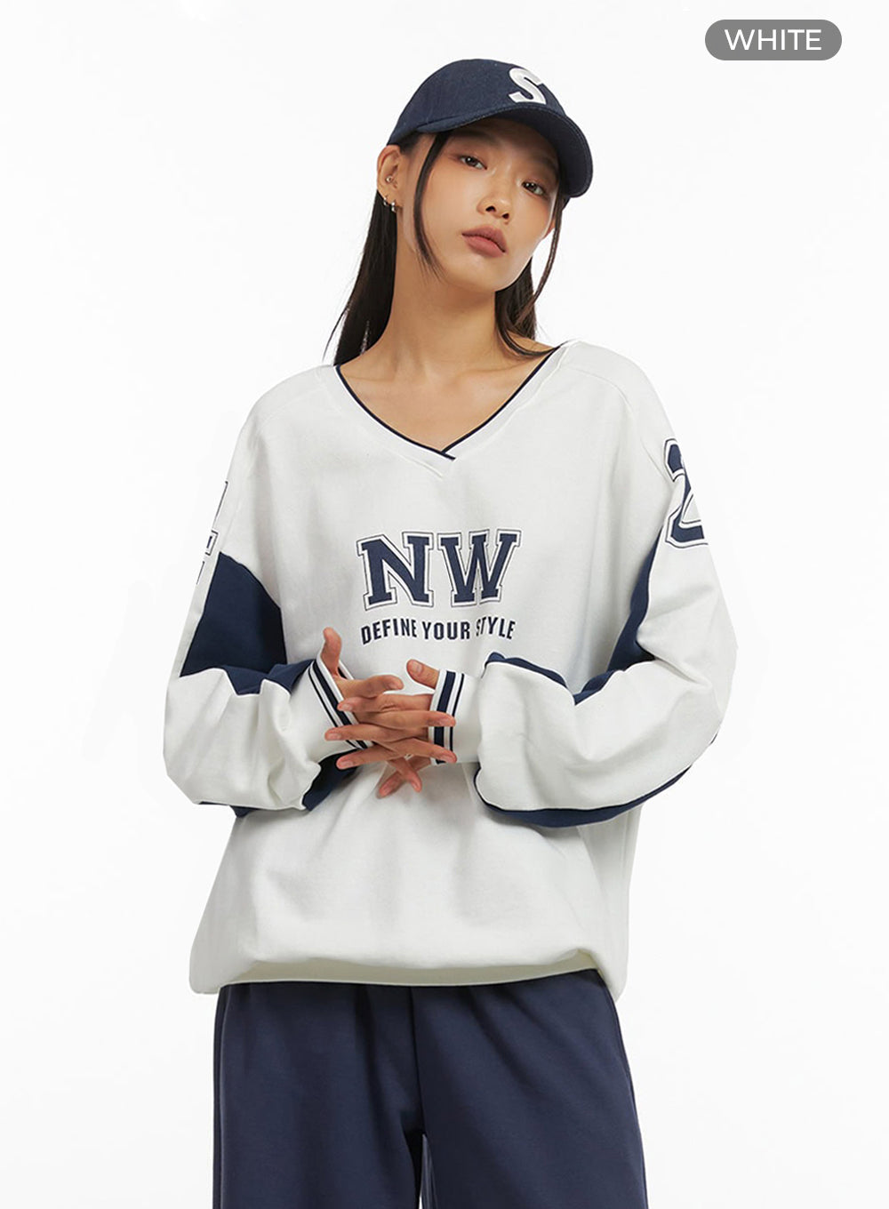 White V-Neck Jersey Sweatshirt IO409