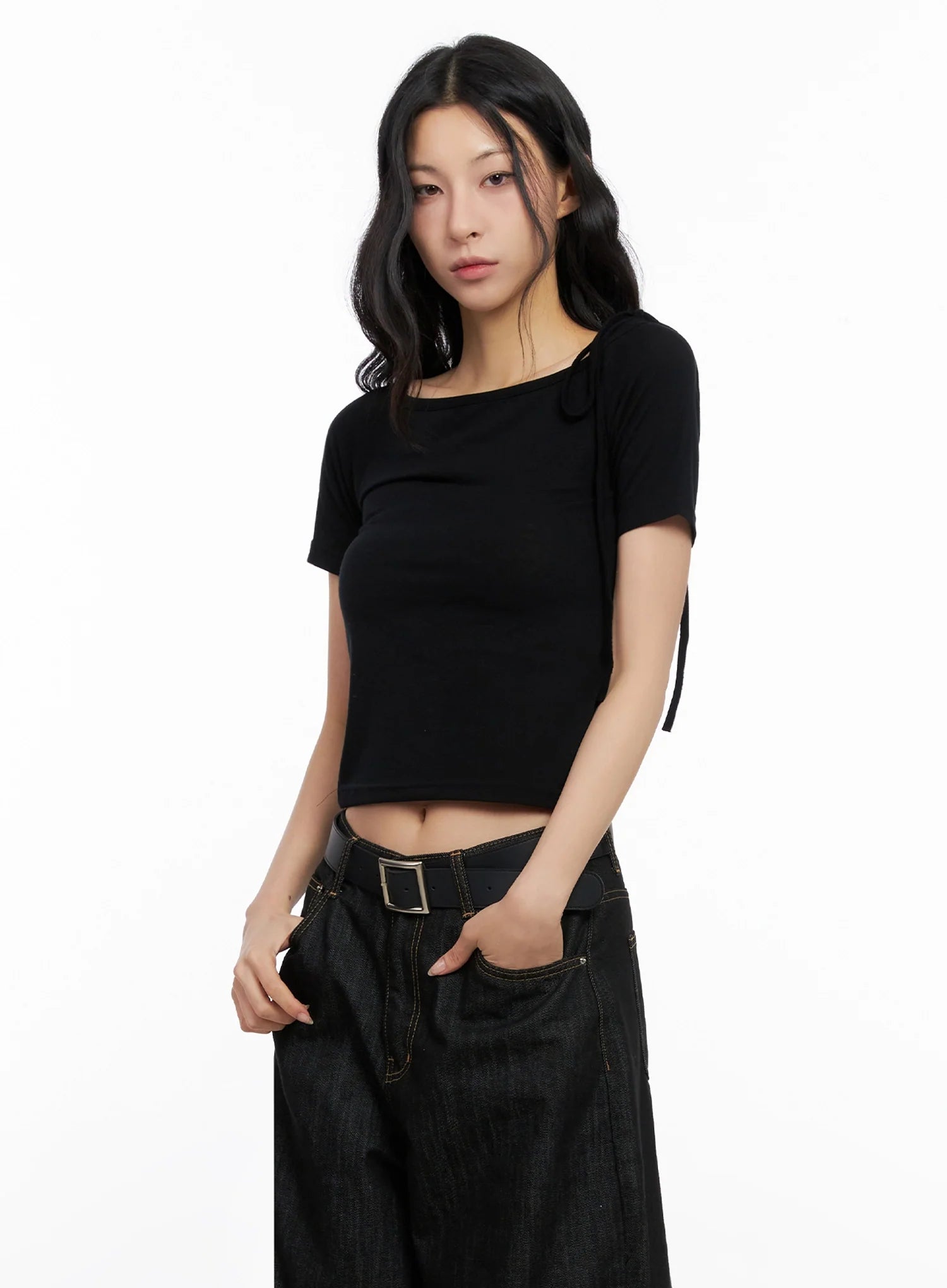 Asymmetric Shoulder-Tie T-Shirt IG508