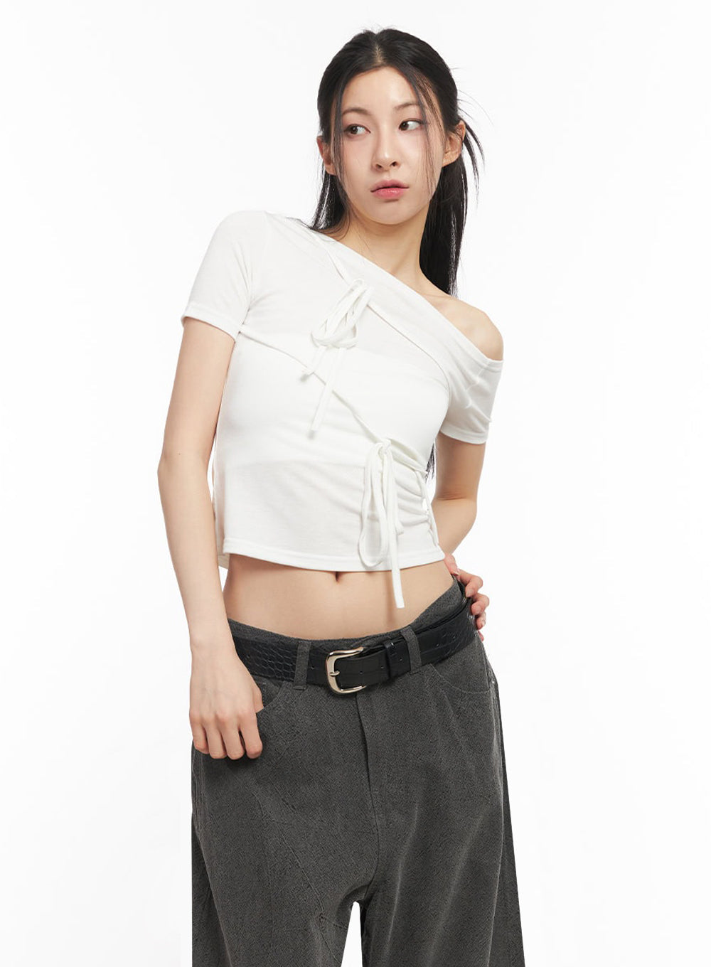 Ribbon Tie One-Shoulder Crop Top IY529