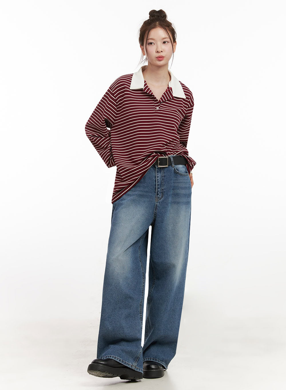 Oversized Stripe Collared Long Sleeve Top IJ527