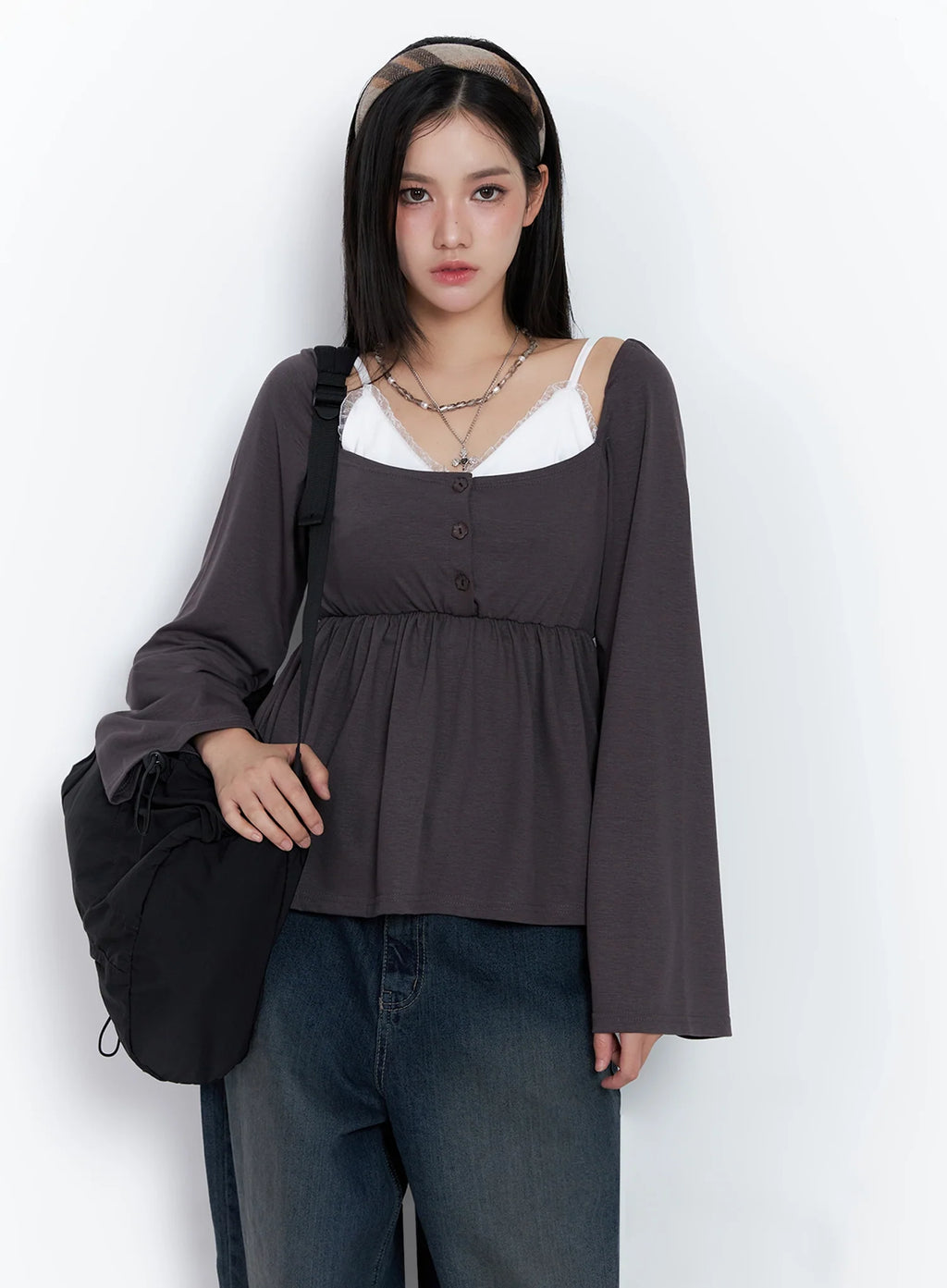 Shirred Flowy Buttoned Long Sleeve IS525