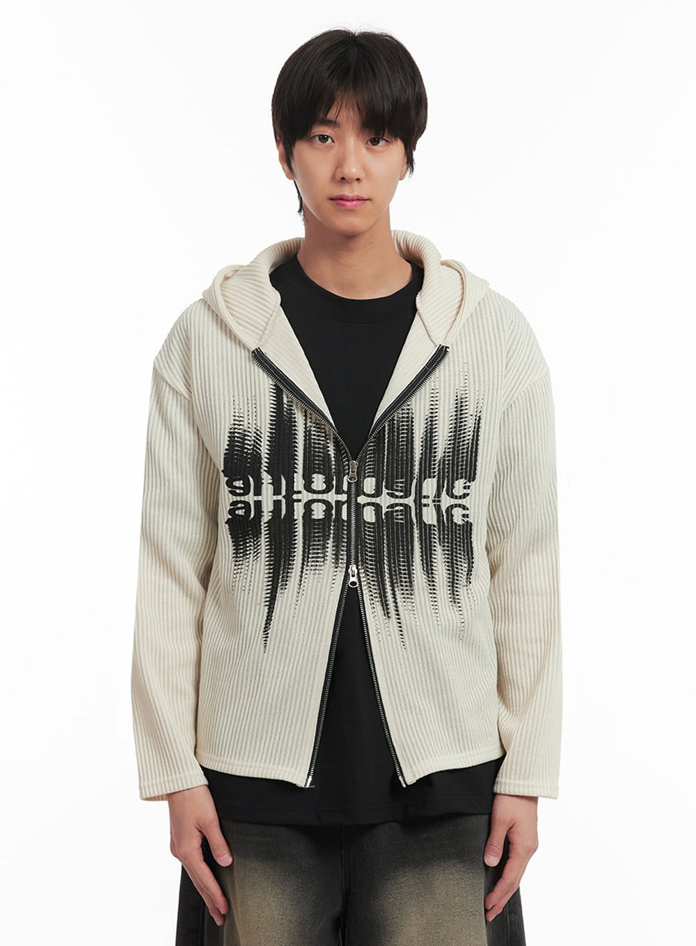 Men's Ribbed Knit Graphic Hooded Jacket IA511