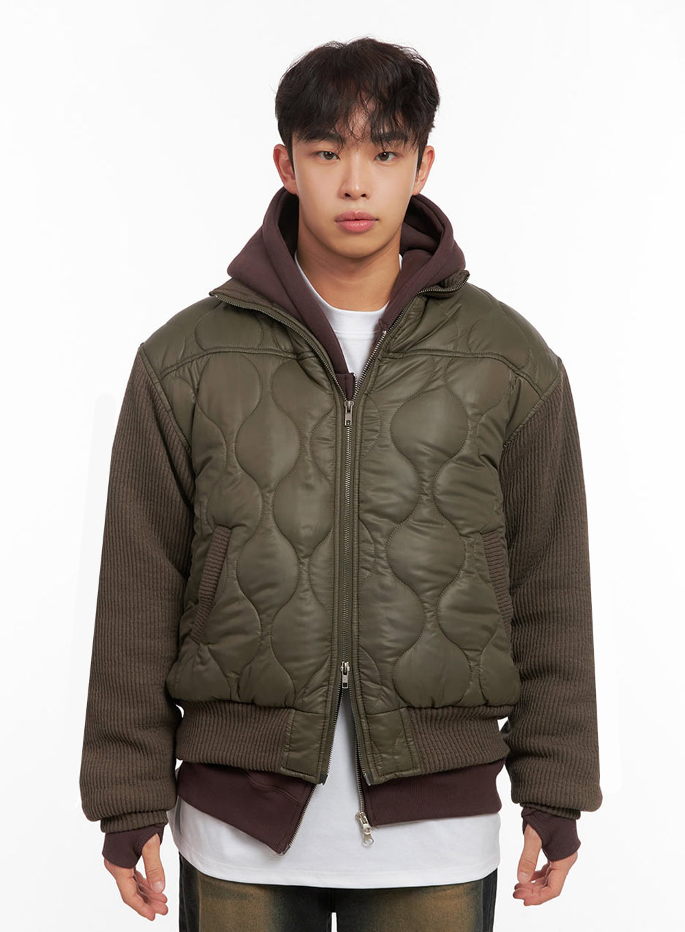 Men's Knit-Sleeve Quilted Bomber Jacket ID427