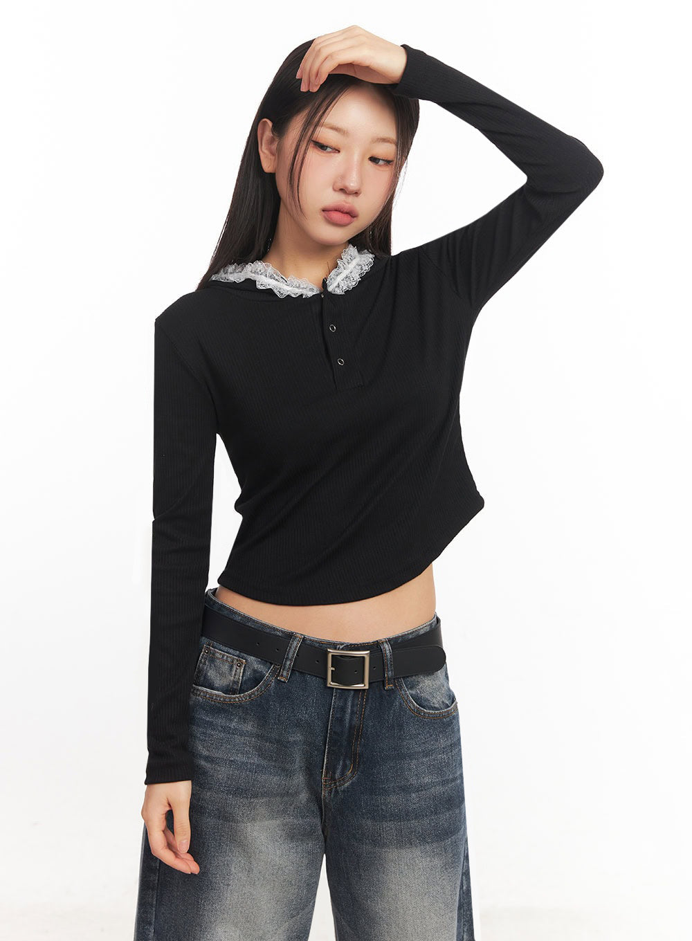 Lace-Trim Crop Hoodie IA524