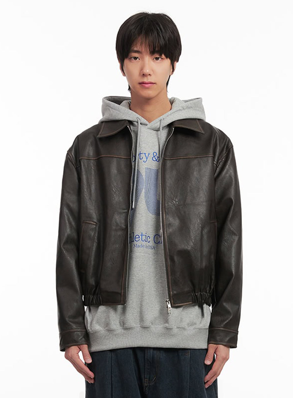 Men's Vintage Faux-Leather Collared Jacket IA510