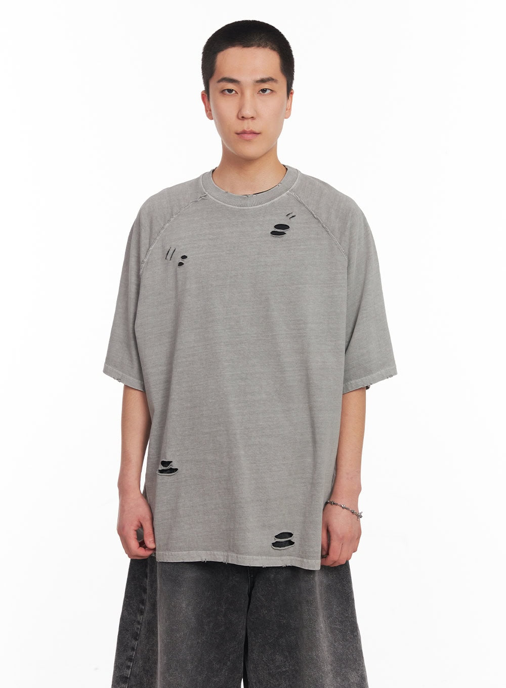 Distressed Washed Cotton T-Shirt IY506