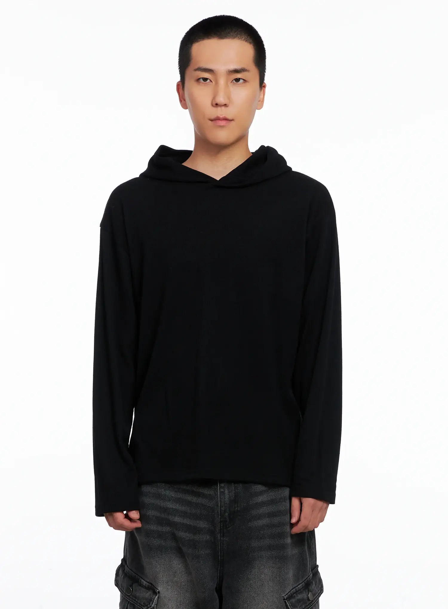 Men's Ribbed Layered Hooded Long Sleeve Tee IS509