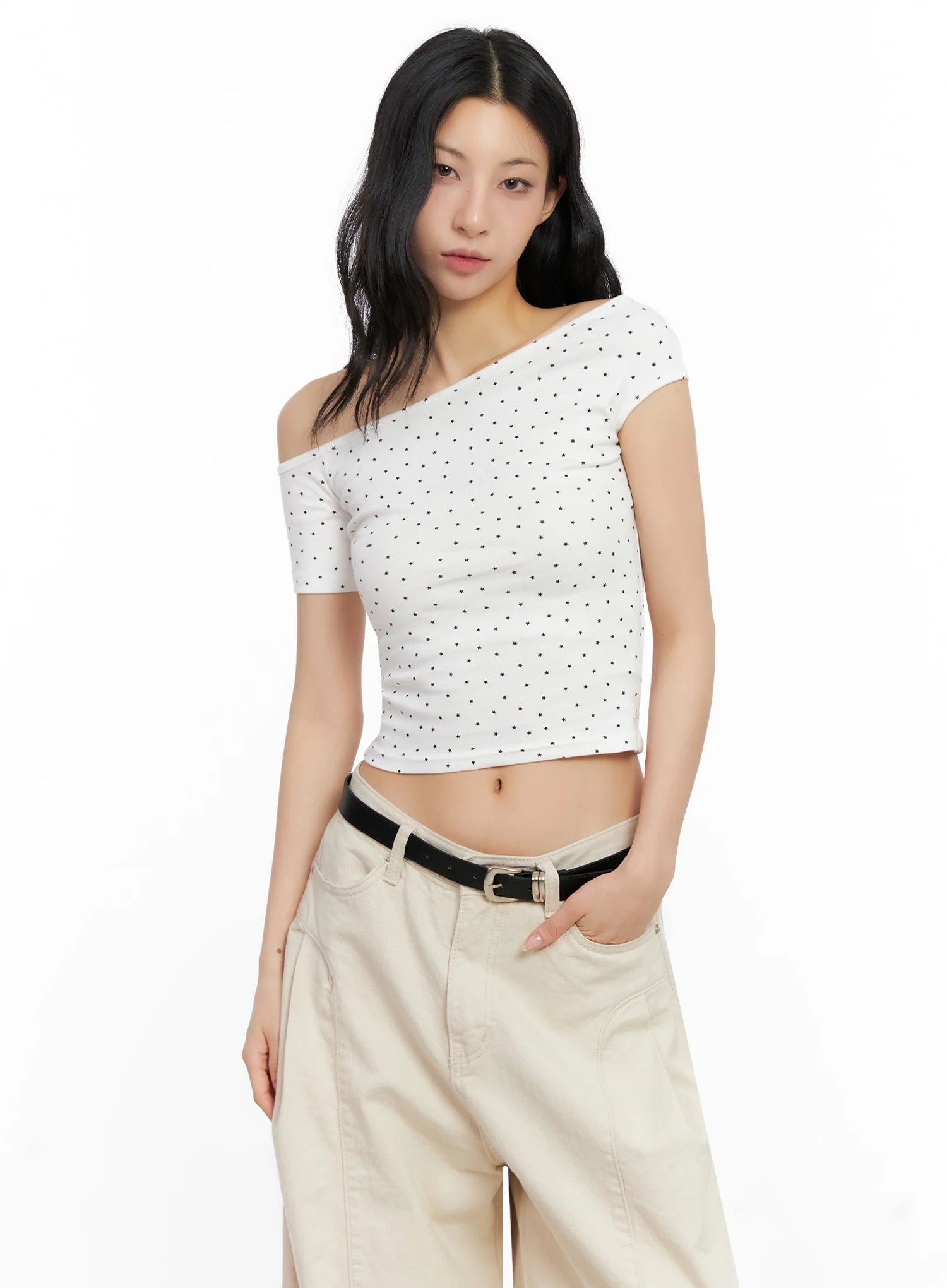 Star Print Off-Shoulder Crop Top IG508