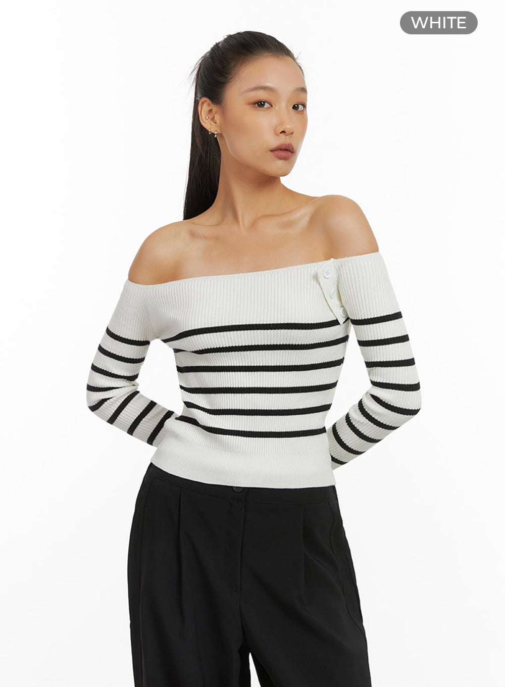 Stripe Buttoned Off-Shoulder Top IO409