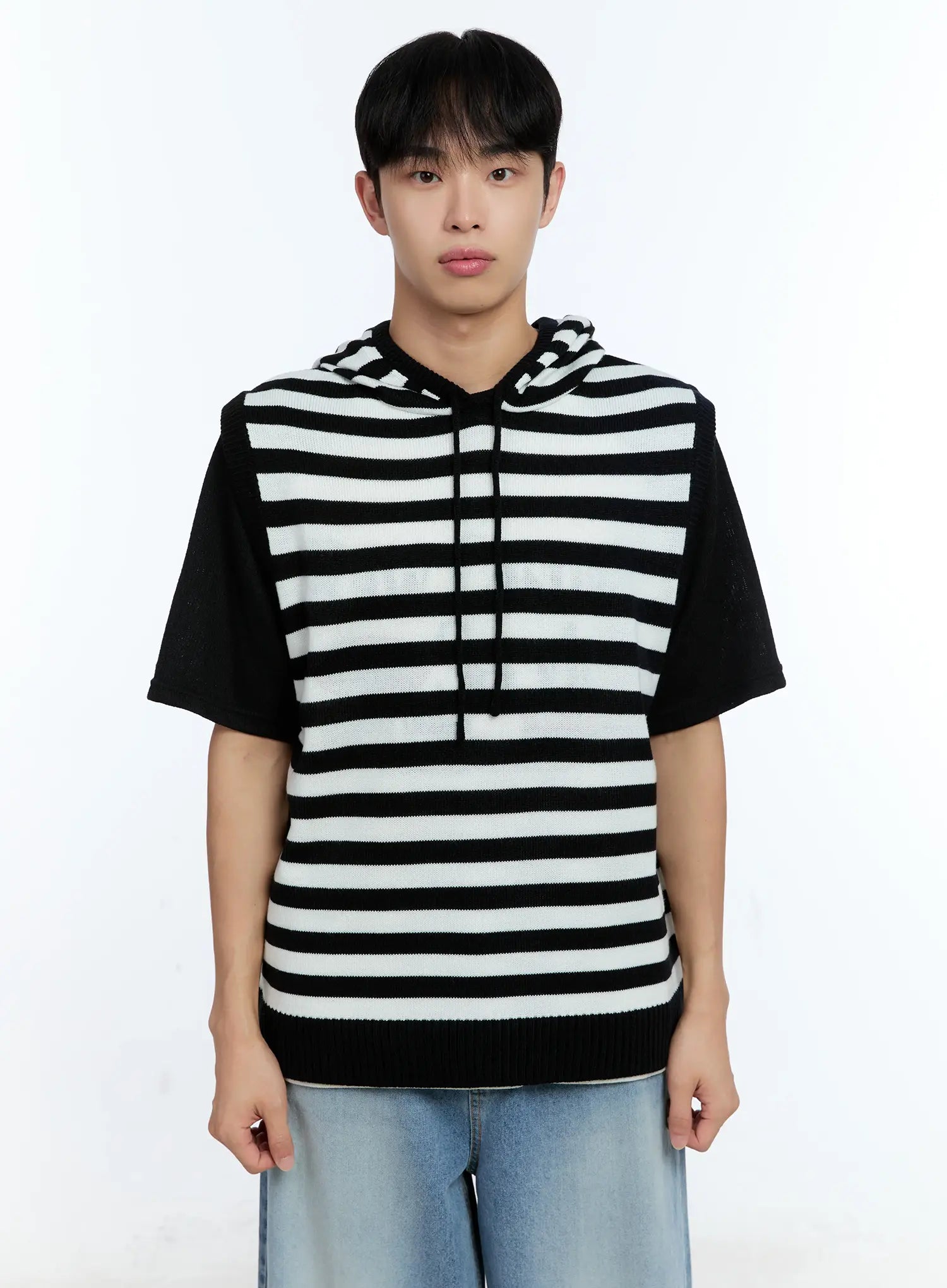 Men's Striped Knit Sleeveless Hoodie IG515