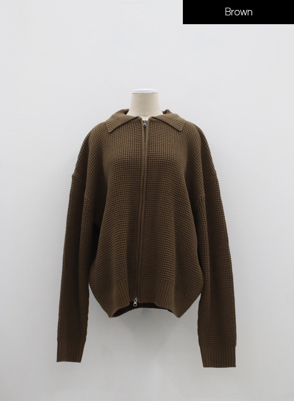 Plus Waffle Pattern Collared Two Way Zip-Up Knit