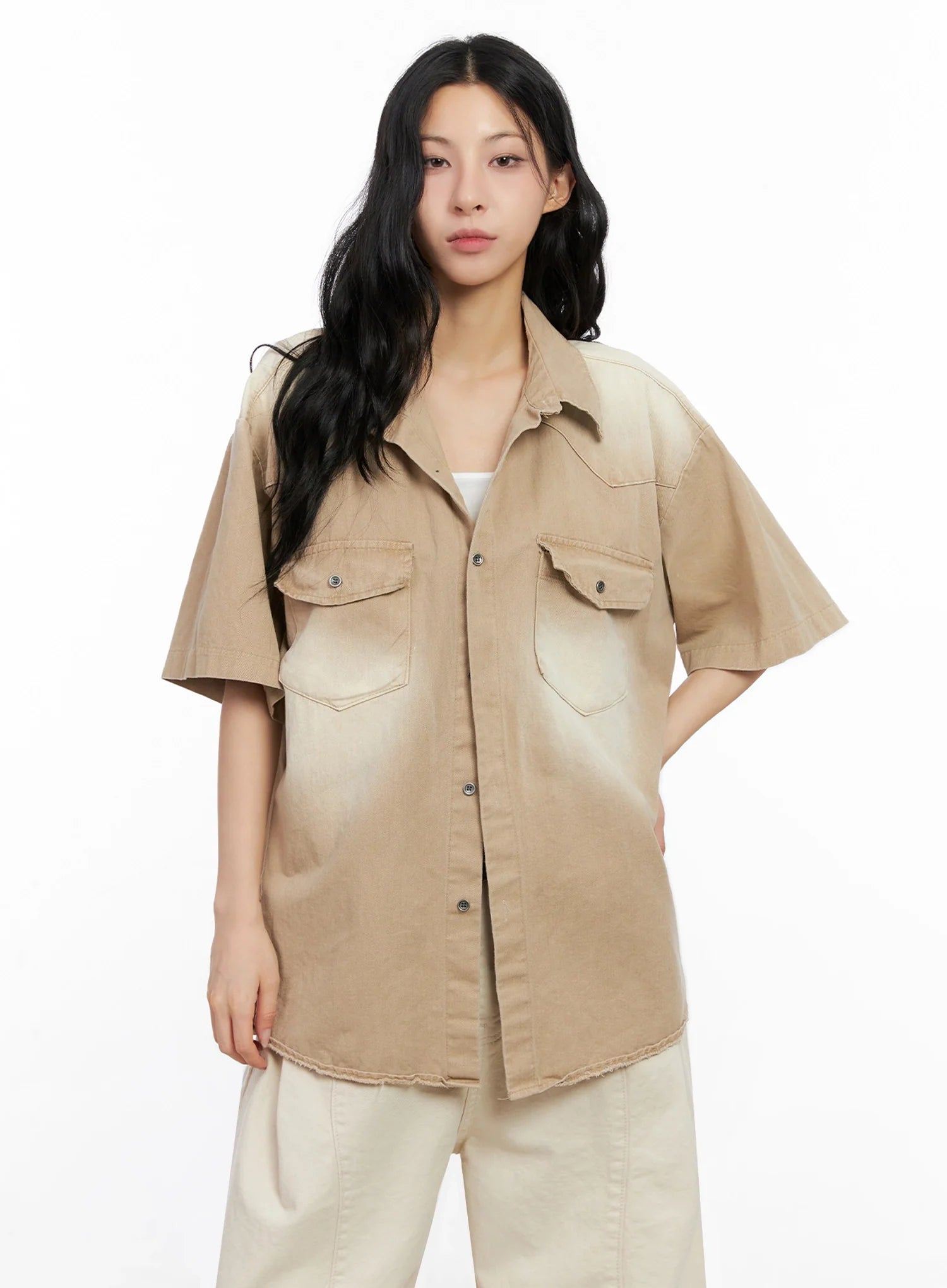 Washed Short-Sleeve Button-Up Shirt IG508