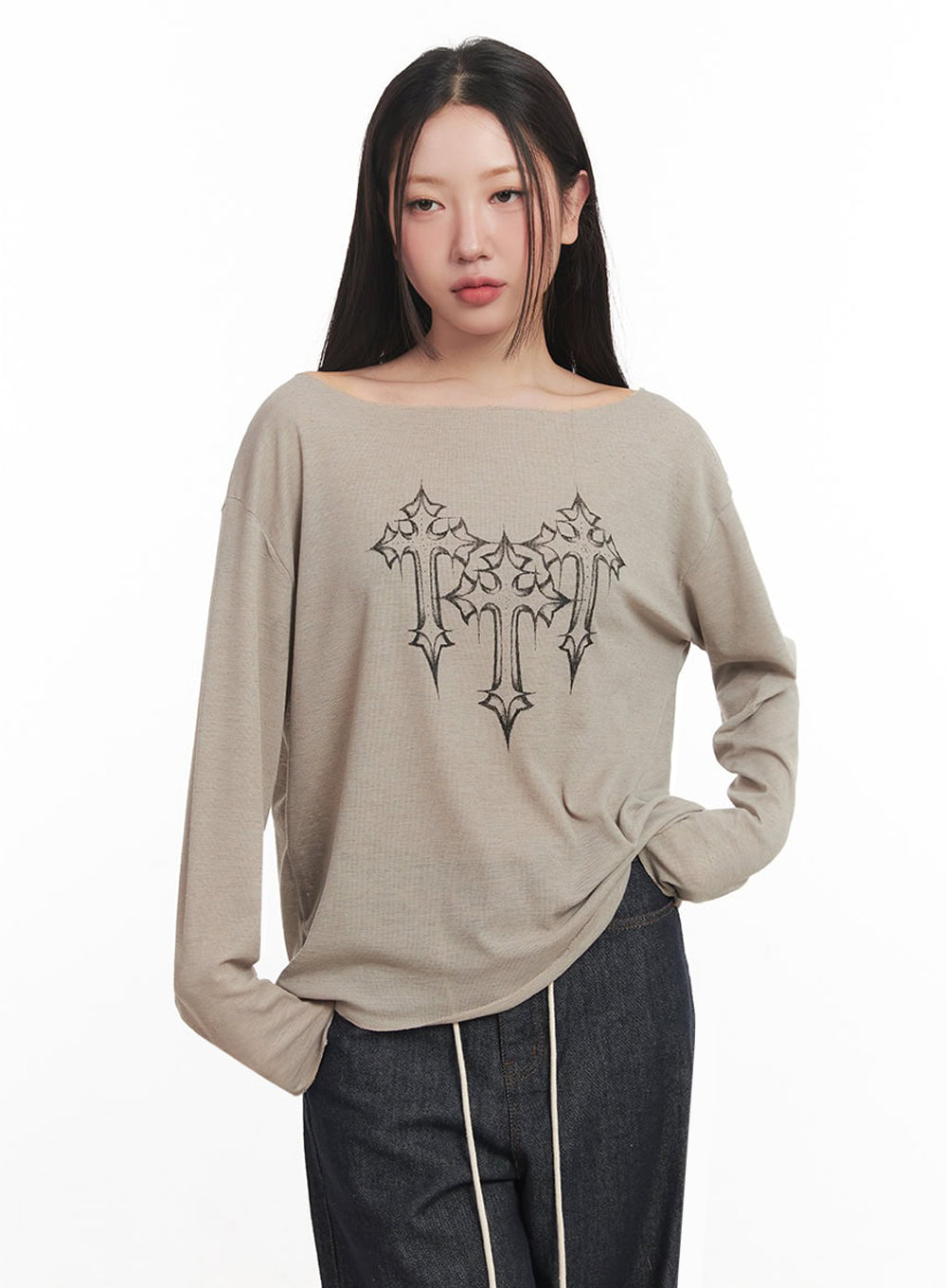 One-Shoulder Sheer Long-Sleeve Graphic Top IM528