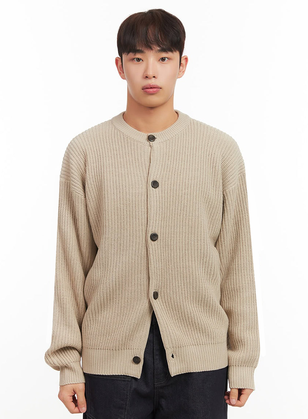 Men's Ribbed Buttoned Round-Neck Cardigan IF517