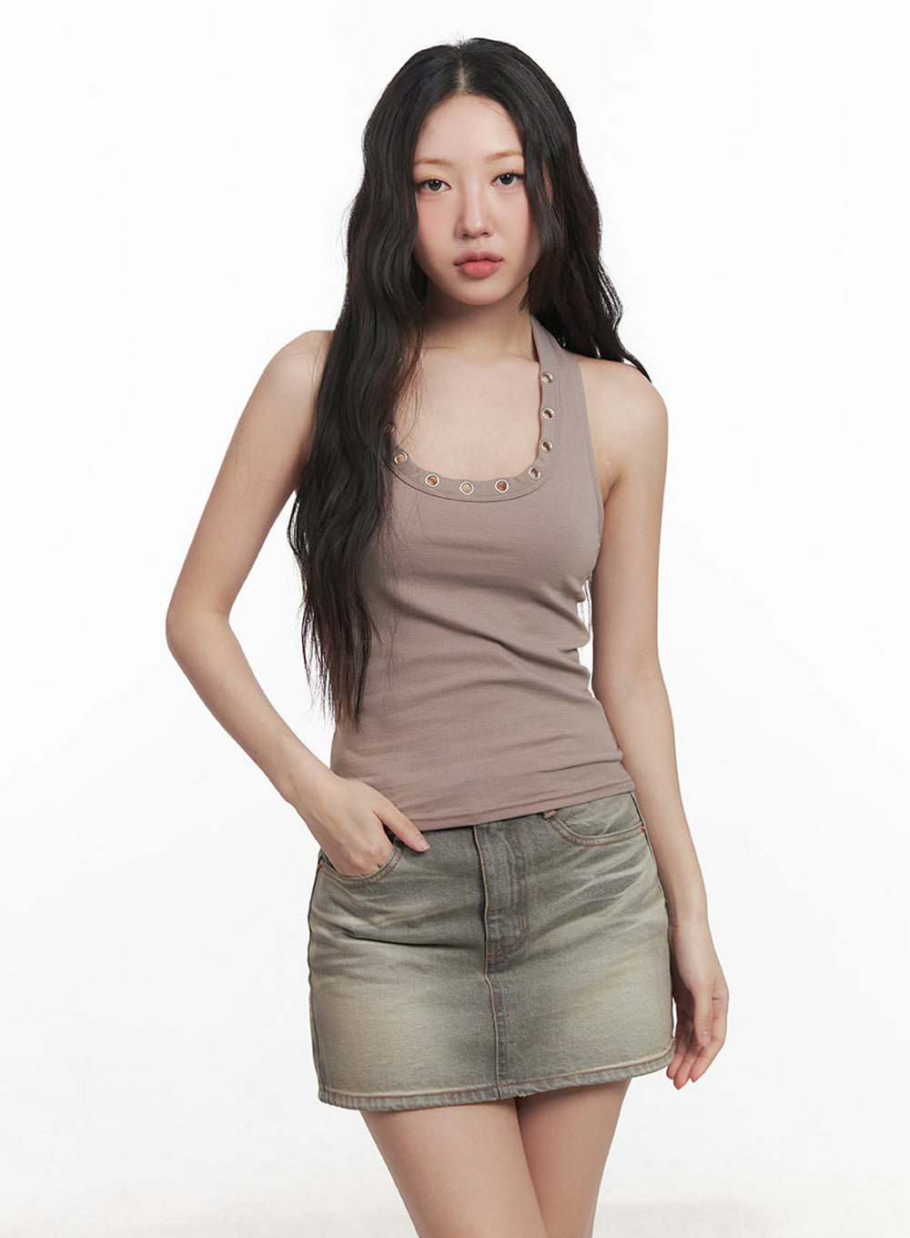 Eyelet Halter-Neck Tank Top IM528
