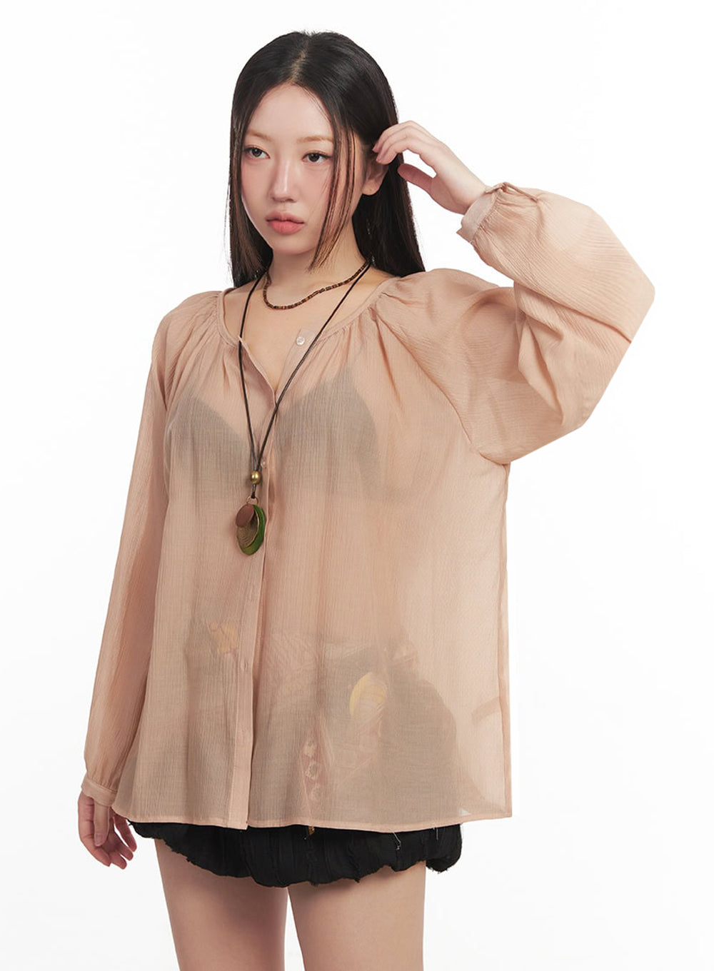 Shirred Sheer Buttoned Blouse IM528