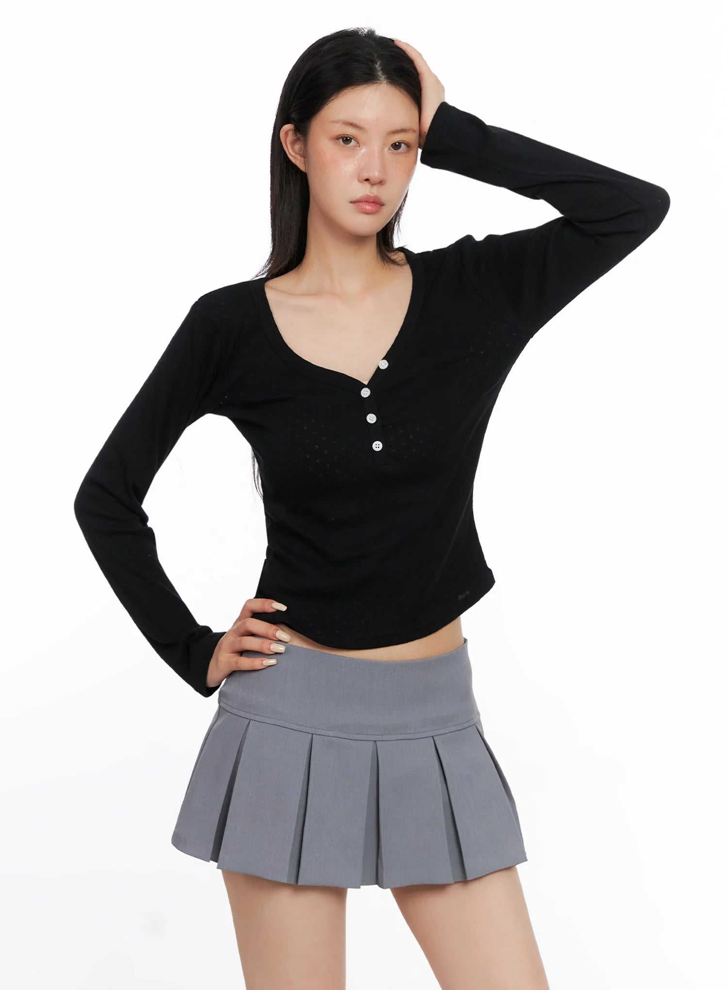 V-Neck Eyelet Long Sleeve Top IS515