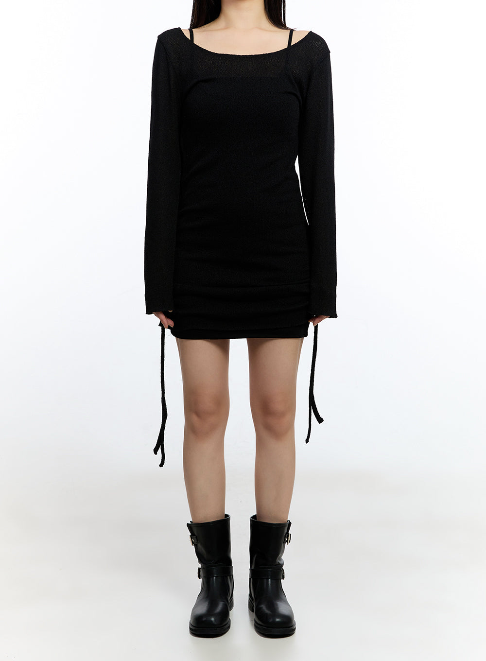 Shirred String Long-Sleeve Mini Dress IU503