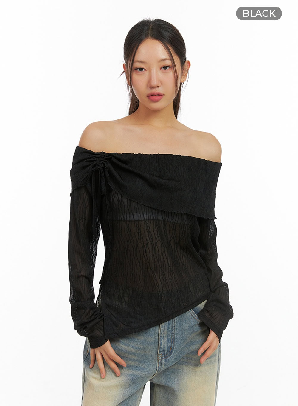 See-Through Textured Off-Shoulder Top IS402