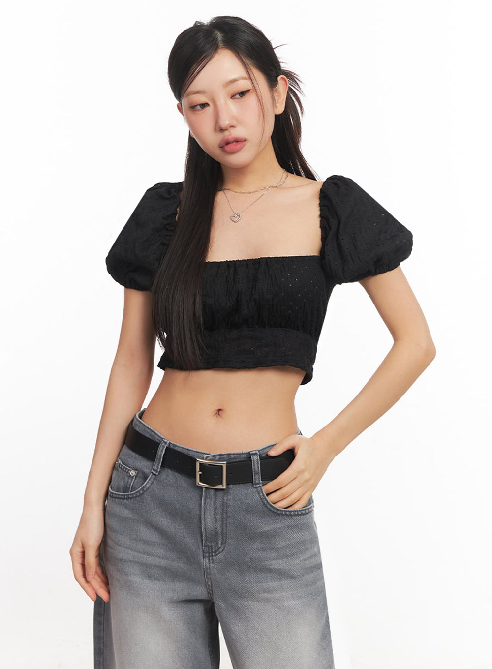 Puff-Sleeve Square Neck Crop Top IA525