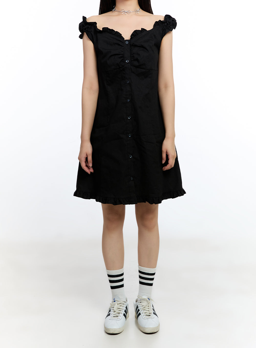 Frill Buttoned Off-Shoulder Midi Dress IU503