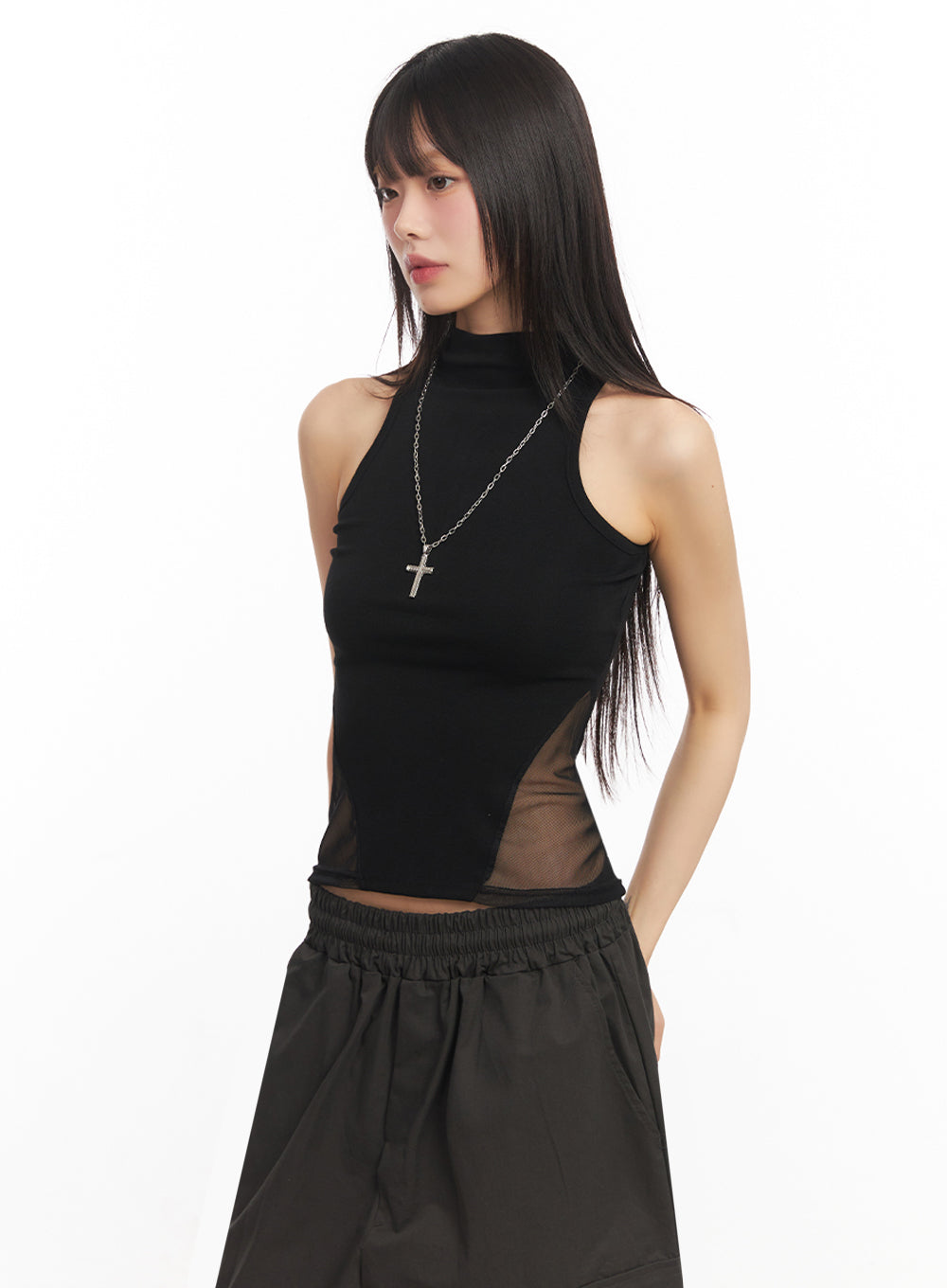 Mesh Sleeveless Collared Crop Top IY502