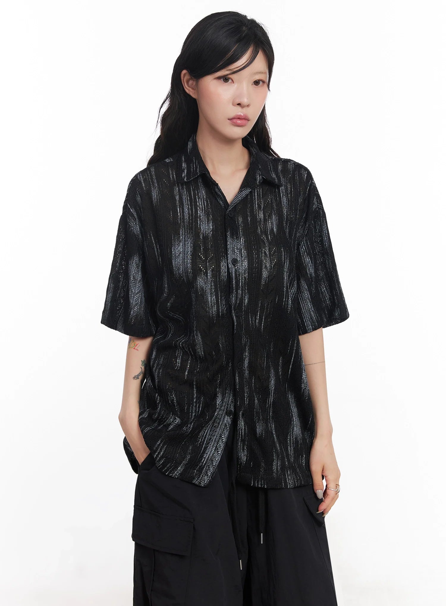 Brushstroke Knit Collared Button-Up Top IC503