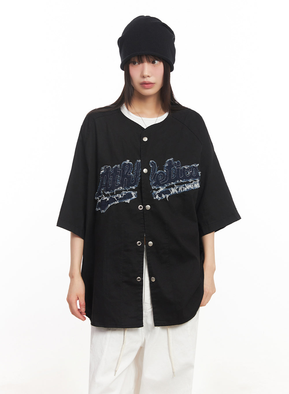 Oversized Patchwork Button-Up Shirt IA528