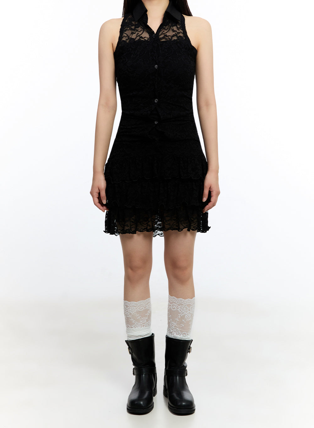 Lace Ruffle Layered Button Mini Dress IU503