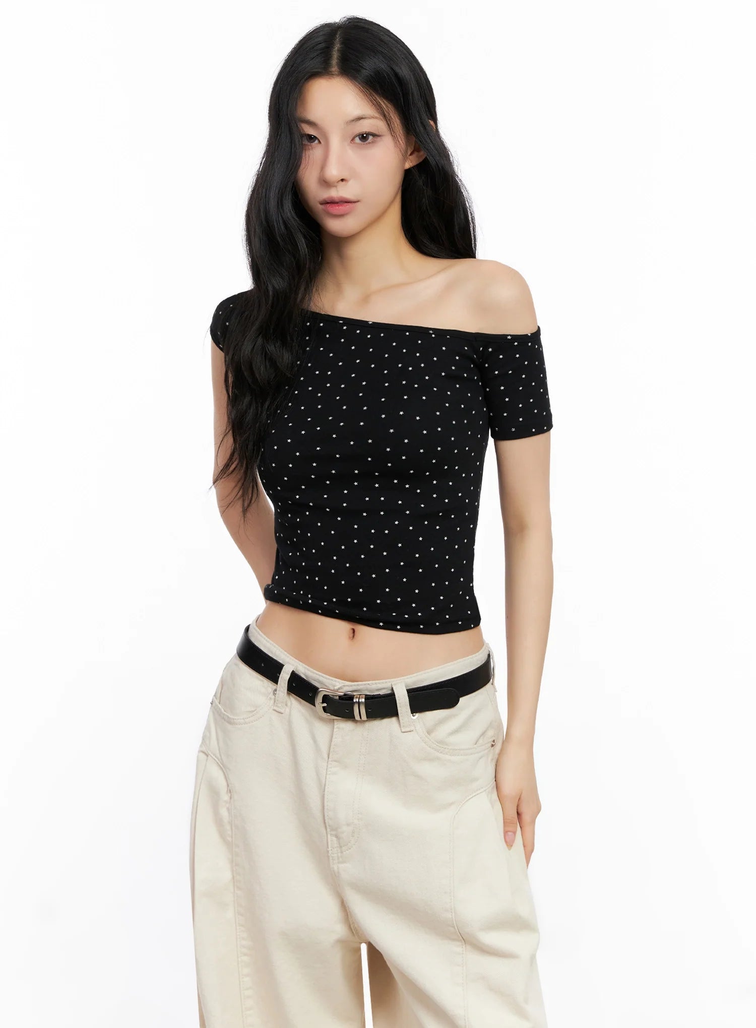 Star Print Off-Shoulder Crop Top IG508