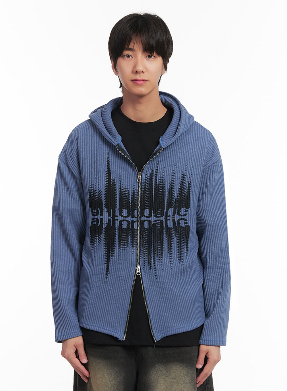 Men's Ribbed Knit Graphic Hooded Jacket IA511