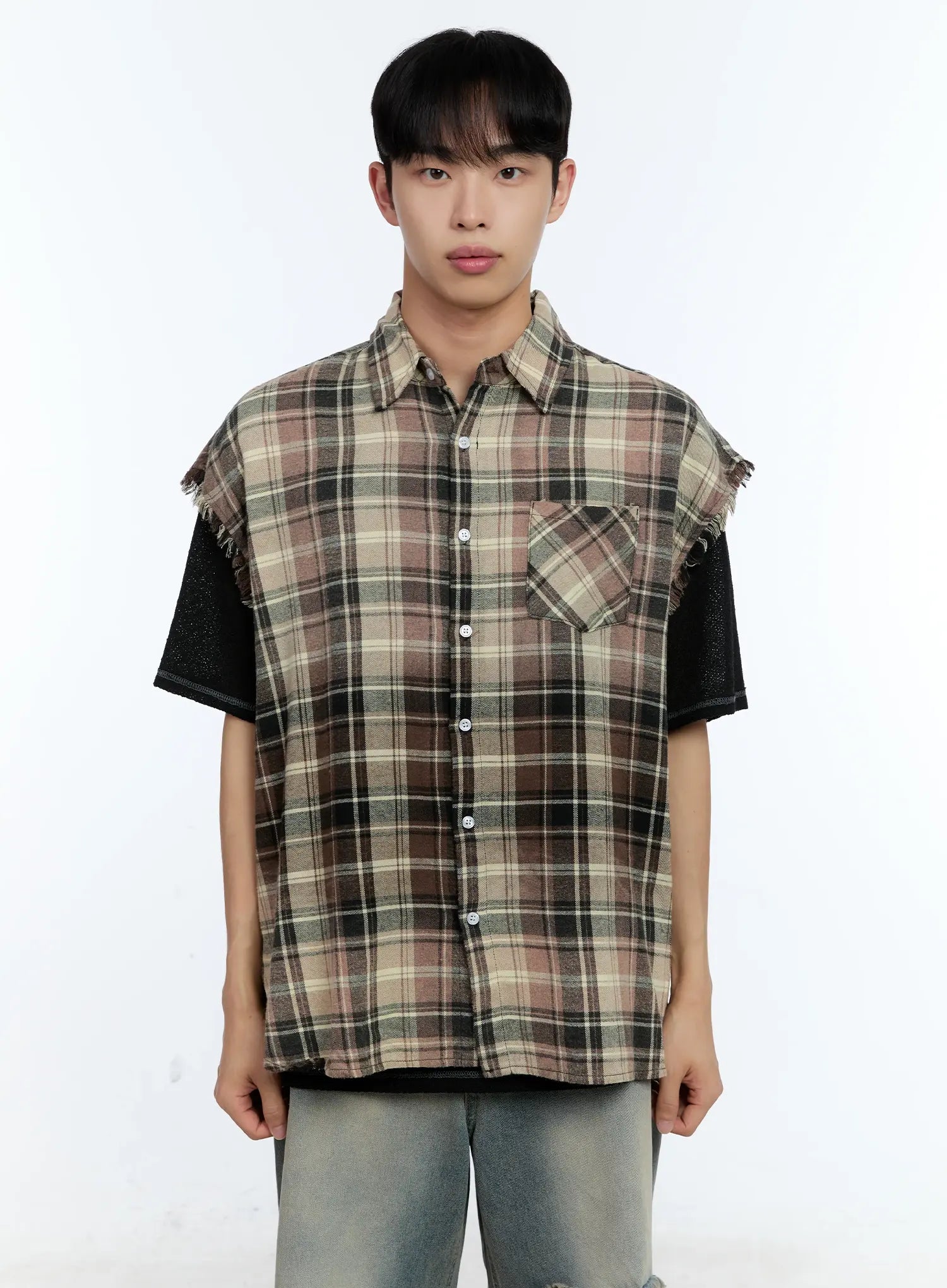 Men's Distressed Plaid Shirt Vest IL517