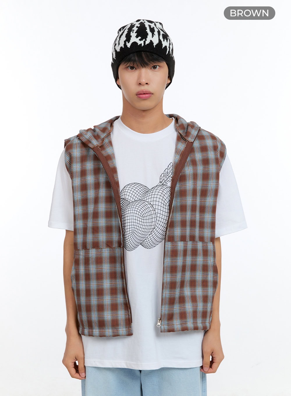 Men's Checkered Zip-Up Hooded Vest IG416