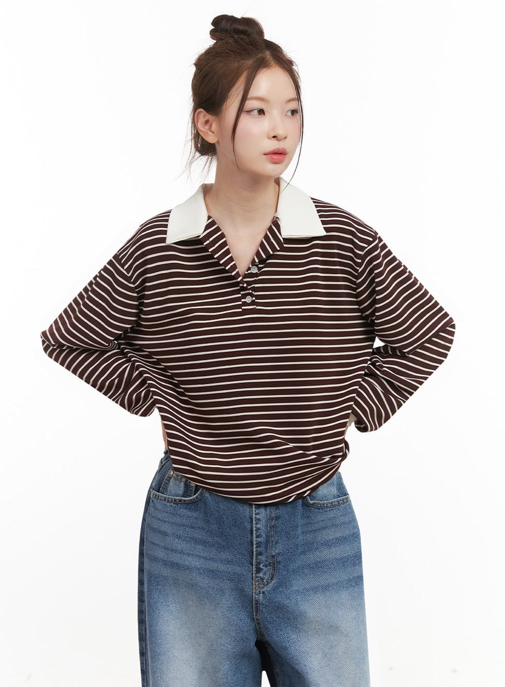 Oversized Stripe Collared Long Sleeve Top IJ527