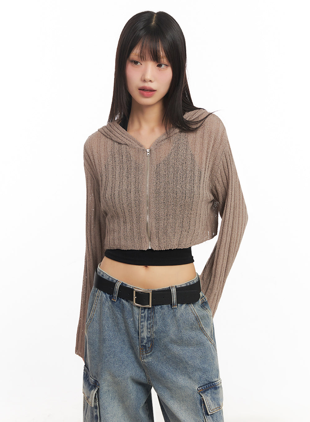 Zip-Up Sheer Hooded Cardigan IA528