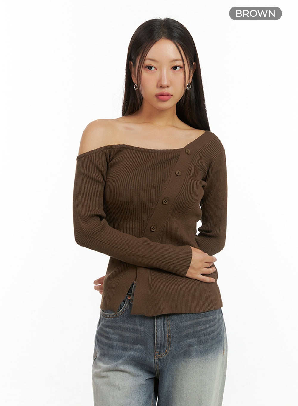 One-Shoulder Buttoned Slim Cardigan IS402