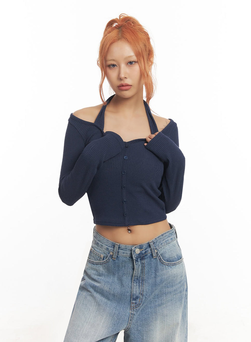 Halter Buttoned Long Sleeve Top IA515