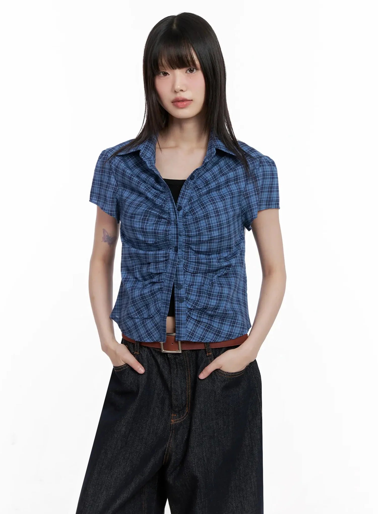 Shirred Plaid Button-up Blouse IL531