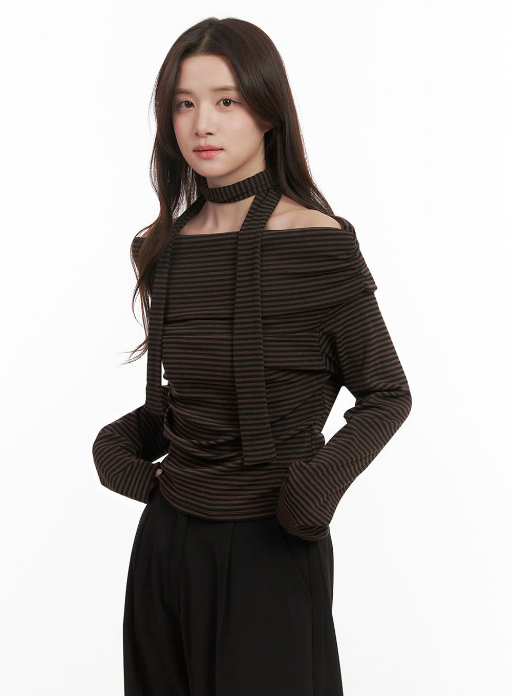 Striped Off-Shoulder Long-Sleeve Top IJ510