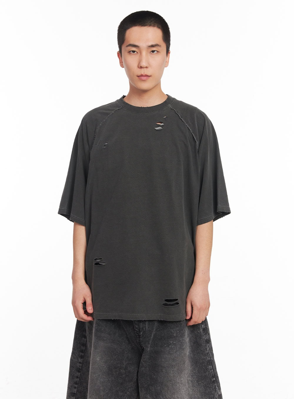 Distressed Washed Cotton T-Shirt IY506