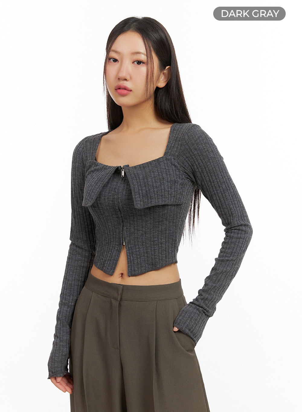 Slit Zip-Up Square Neck Crop Top IS402